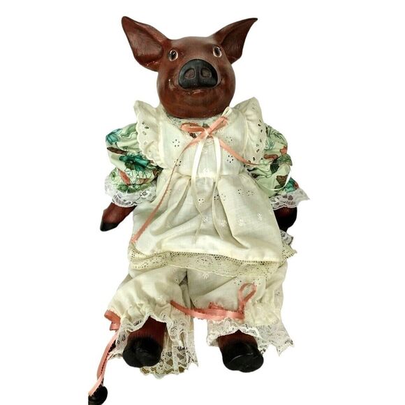 Antique Ceramic Macabre Anthropomorphic Pig Doll In Floral Dress & Bloomers - Picture 9 of 11